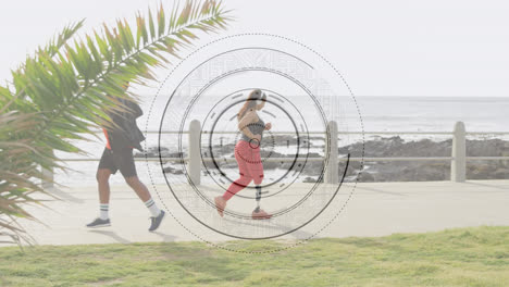 animación de escaneo de alcance sobre mujer con extremidad artificial corriendo por la orilla del mar