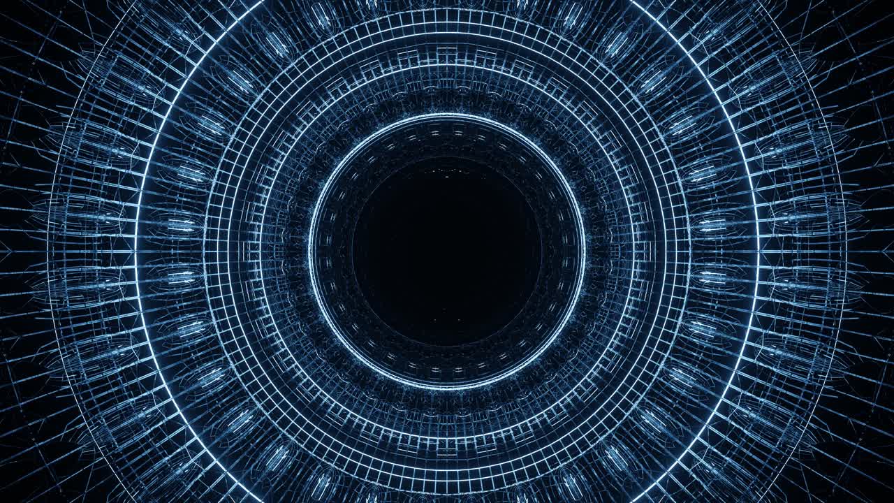 Computerized motion graphics of blue dotted circles popping, fading and rotating, emerging from the center, isolated on black background