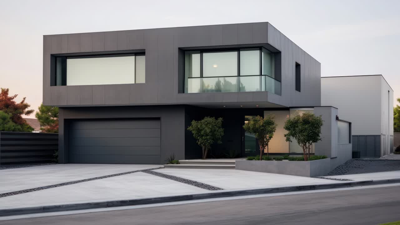 Casa minimalista moderna com linhas elegantes, capturada em um ângulo baixo, exibindo a fachada