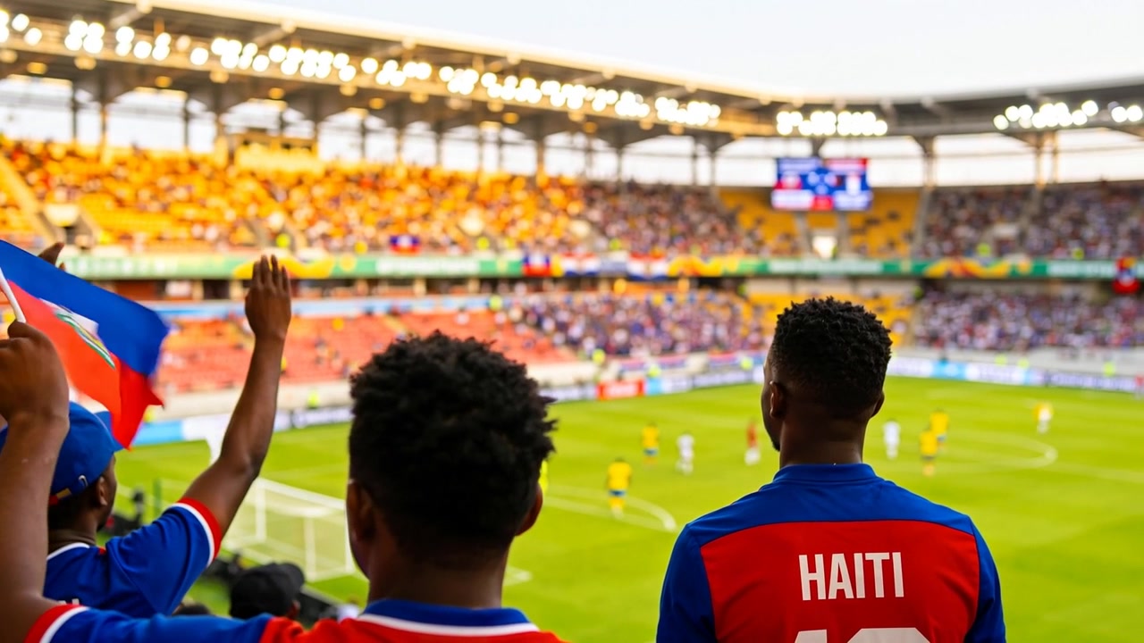 Tifosi haitiani che sventolano e alzano bandiere dopo un'azione vicino alla porta, indossando maglie HAITI nelle tribune coperte.