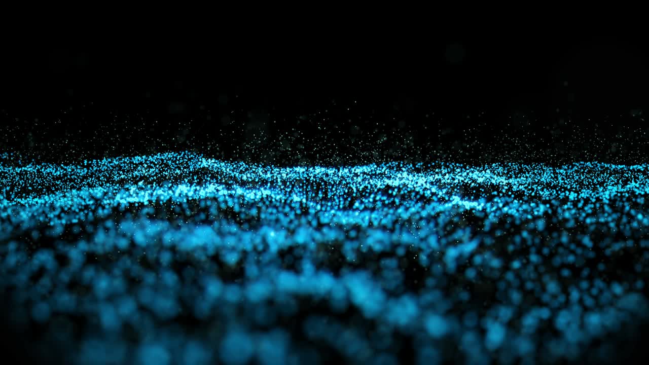 Abstract motion background of shining particles. Digital signature with wave particles, sparkle. Blue composition
