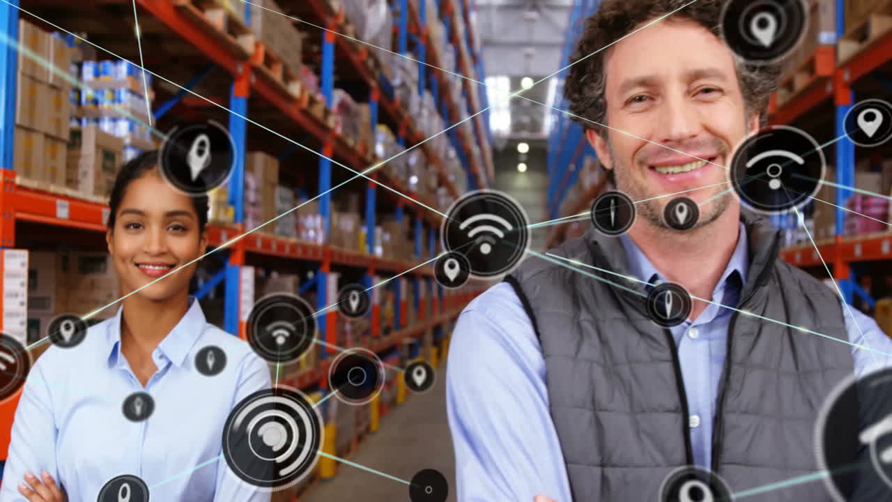 In warehouse, workers smiling with animation of network connections and data icons