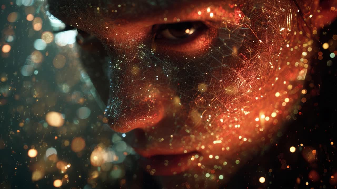 Extreme close up of a human face with glowing golden particles and a luminous digital network overlay, representing a concept of artificial intelligence, future technology, and human connection