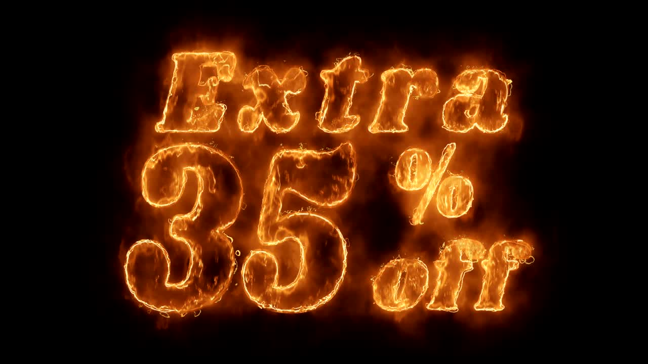 35% extra de descuento en palabras animadas calientes que queman un bucle de llamas de fuego realista.