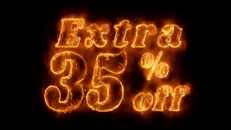 Parola "Sconto extra del 35%" animata con fiamma di fuoco realistica e ardente in loop