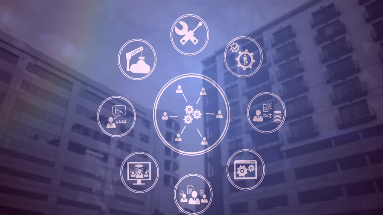 animación de una red de iconos digitales sobre bloques de oficinas sobre un fondo teñido de púrpura