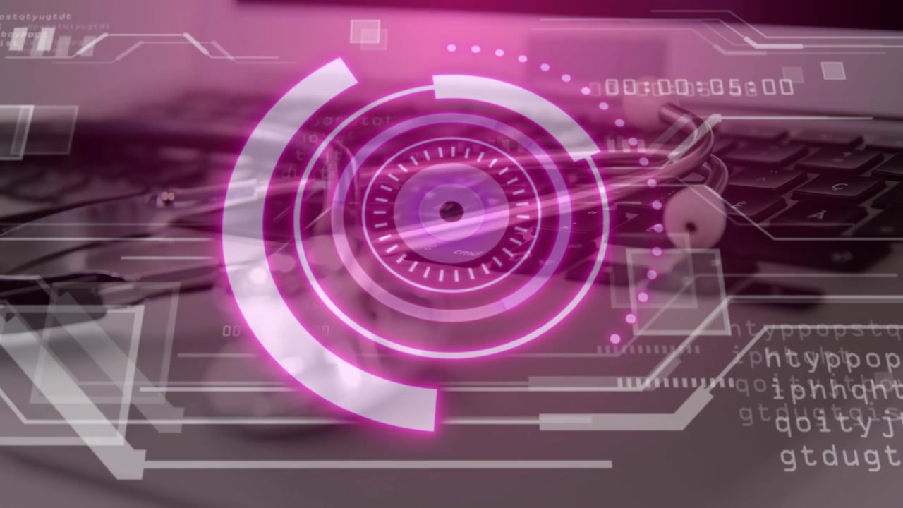 Circular HUD reacting to blurred hand motion, lighting rings and rotating arcs showing typing data