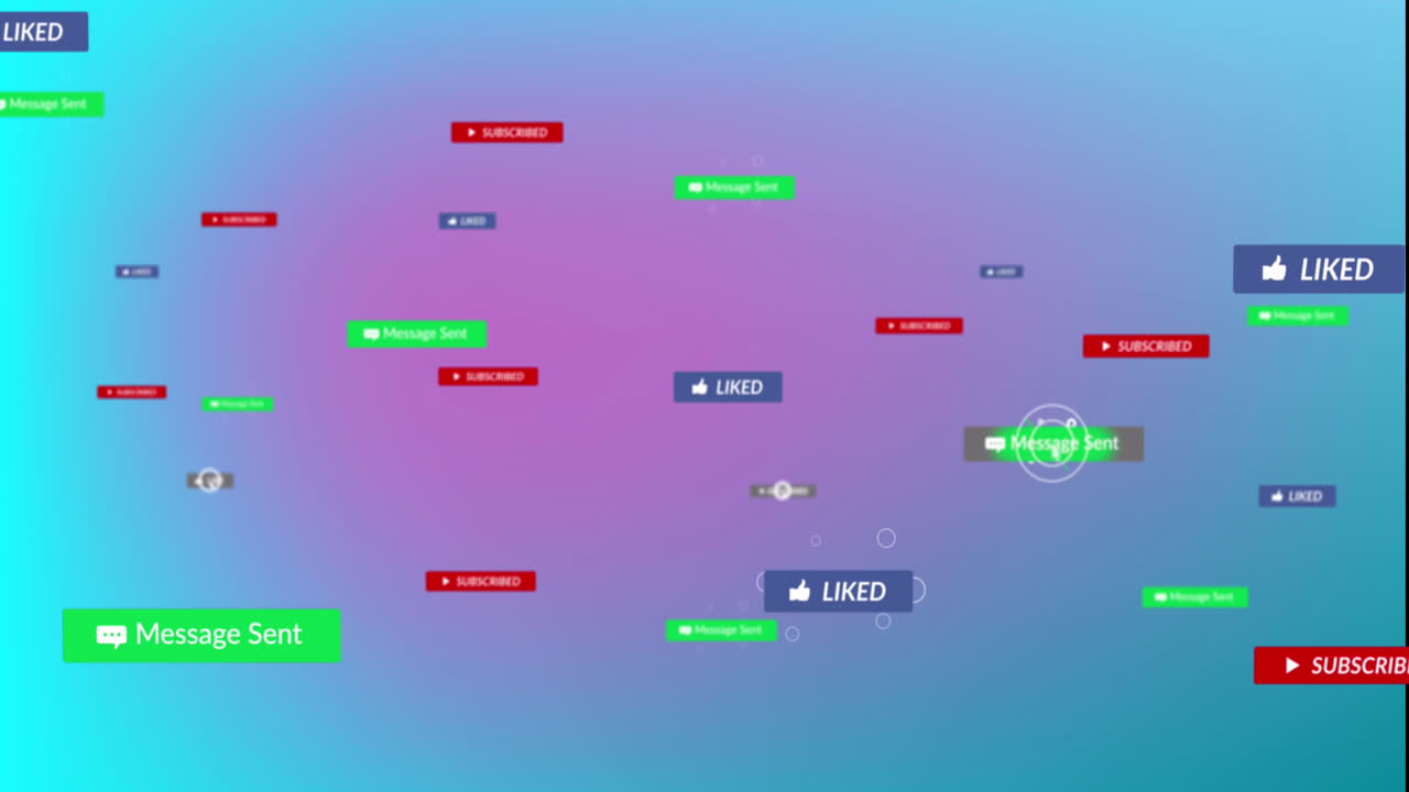 animación de iconos y textos múltiples en cajas de mensajes contra un fondo degradado