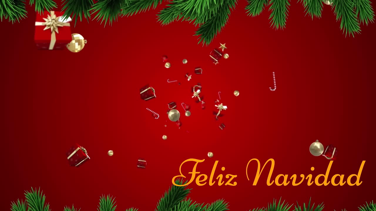 animación de texto de feliz navidad sobre regalos y decoraciones navideñas flotando contra un fondo rojo