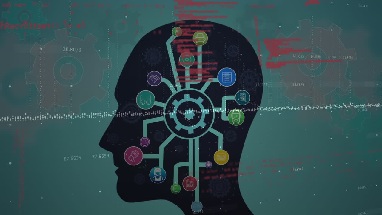 회전 기어와 기술 아이콘의 애니메이션은 녹색 배경에 다양한 데이터를 헤드 오버합니다.