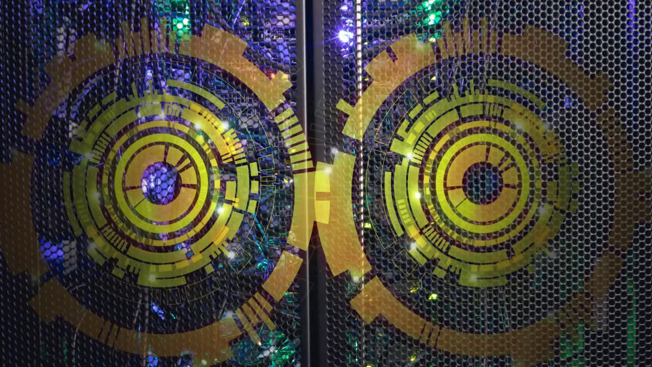 animazione di due scanner rotondi che girano contro la stanza del server del computer