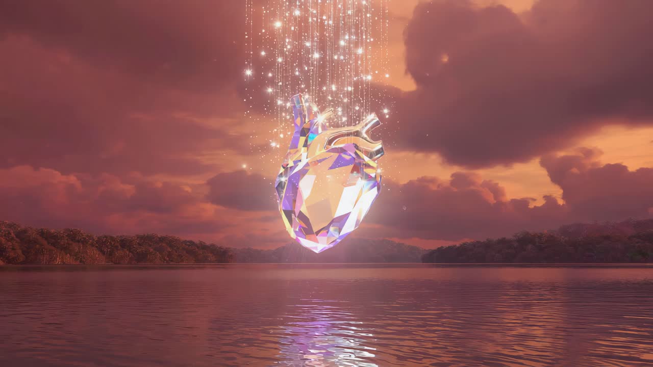 Crystal Heart Bathed in Celestial Light Over Water