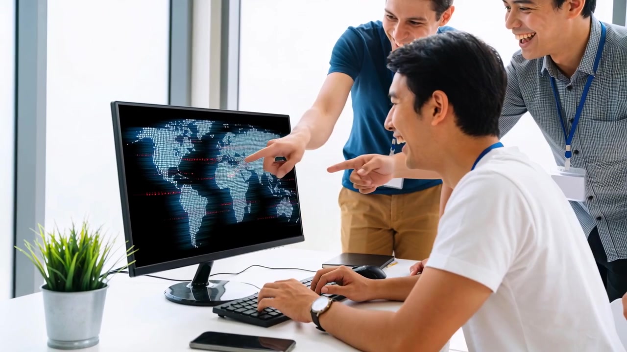 Seeing route on screen, seated man operating keyboard, mouse in office celebrating in white shirt