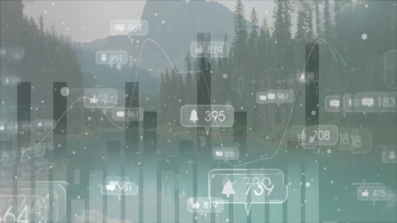 Animation of social media icons over statistics and landscape