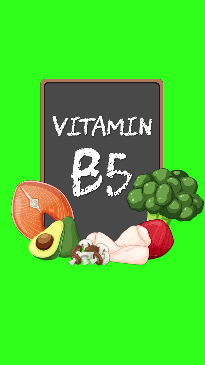 Lavagna con testo Vitamina B5 che appare, cibi sani che si animano, sfondo verde brillante, stile piatto