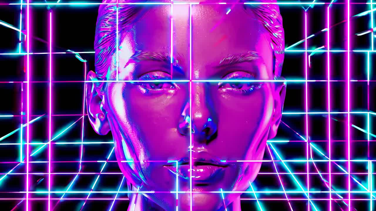 Futuristic neon grid and digital face in vibrant colors, with a front-facing camera angle