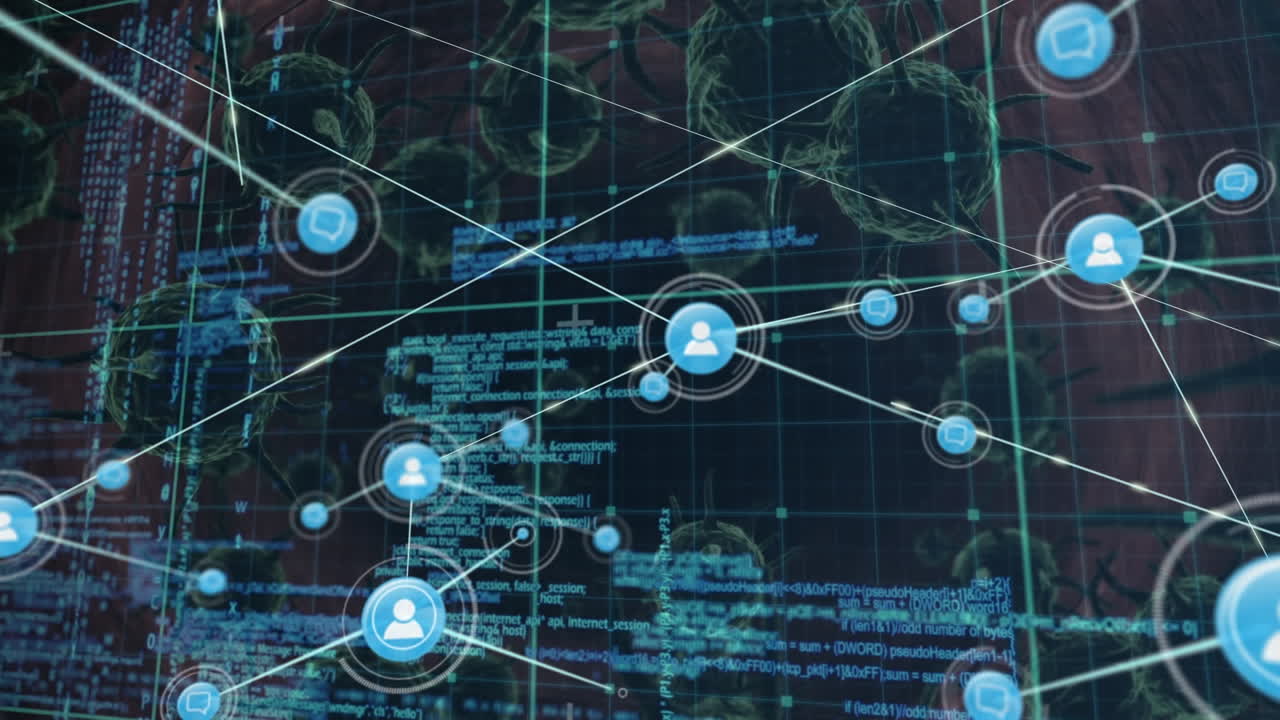 Animation of network of connections over virus cells and data processing
