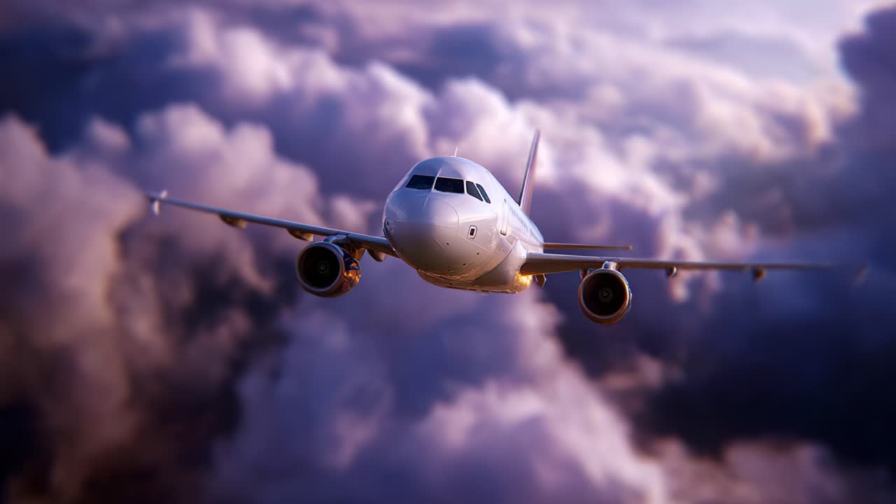 Un aereo che si libra maestoso in un cielo vivido, pieno di nuvole soffici, che mette in mostra l'eleganza e la potenza dell'aviazione moderna in una vista aerea mozzafiato