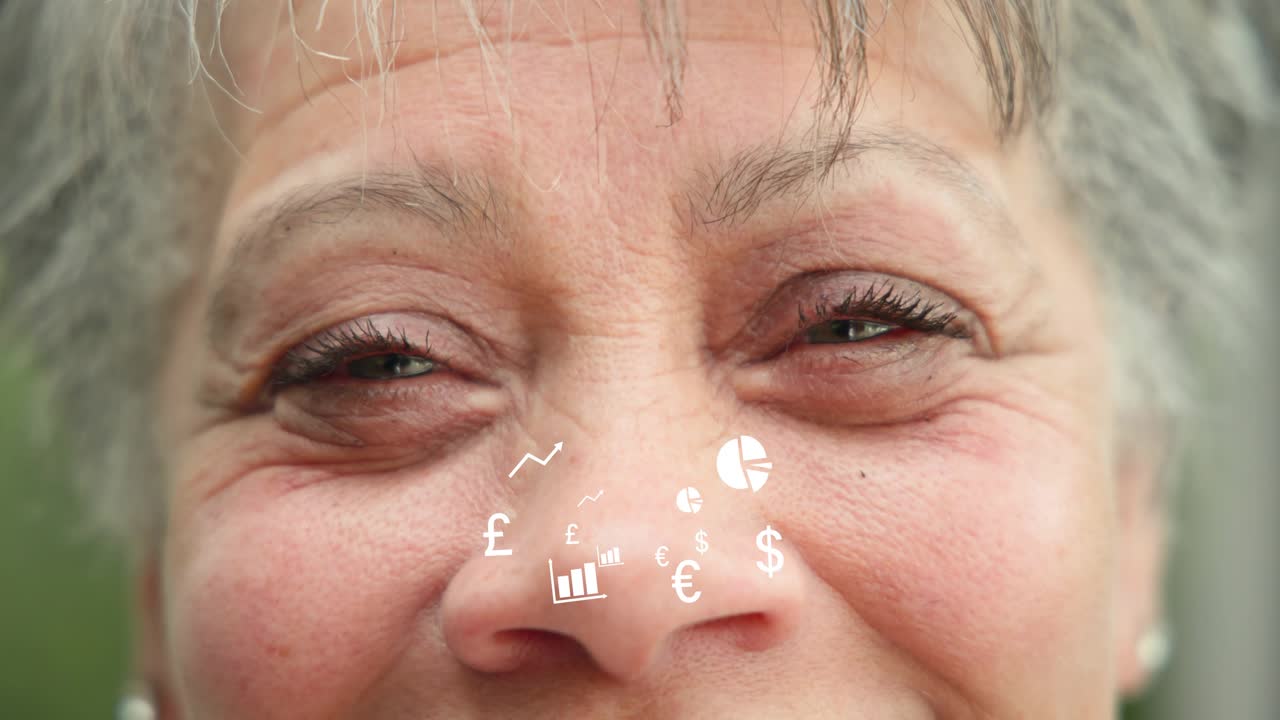 Mature woman squinting, currency icons appearing over nose, expanding into charts showing finance