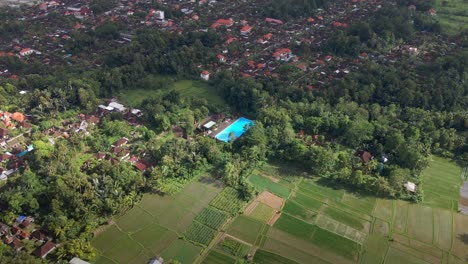 Aerial-View-Of-Lush-Farm-Fields-With-An-Outdoor-Pool-In-Rural-Village-In-Indonesia