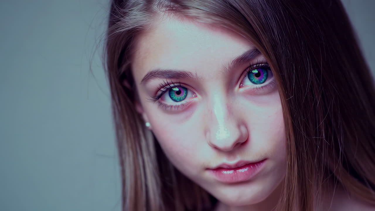 Close-up portrait of a young woman with colorful contact lenses.