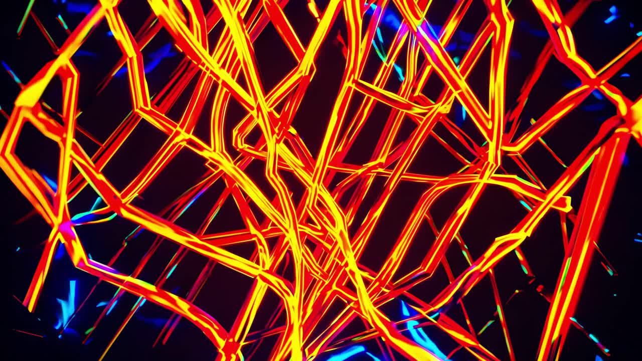 Glowing neon network lines weaving intricate digital patterns, radiating dynamic energy against dark background, symbolizing interconnected technological complexity
