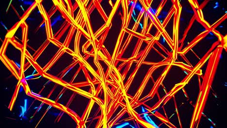 glowing neon network lines weaving intricate digital patterns, radiating dynamic energy against dark background, symbolizing interconnected technological complexity