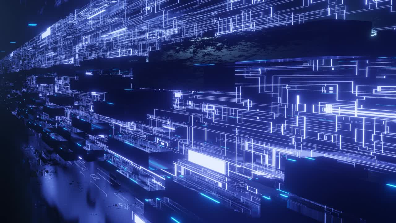 el patrón de forma de línea de brillo como un holograma de ciencia ficción. volar a través del ciberespacio tecnológico con brillo de neón azul. vuelo de ciencia ficción a través del túnel de tecnología de alta tecnología. 3d en bucle sin costuras 4k fondo brillante. flujo de datos