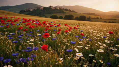 vibrant wildflower field and hilltop village at sunset