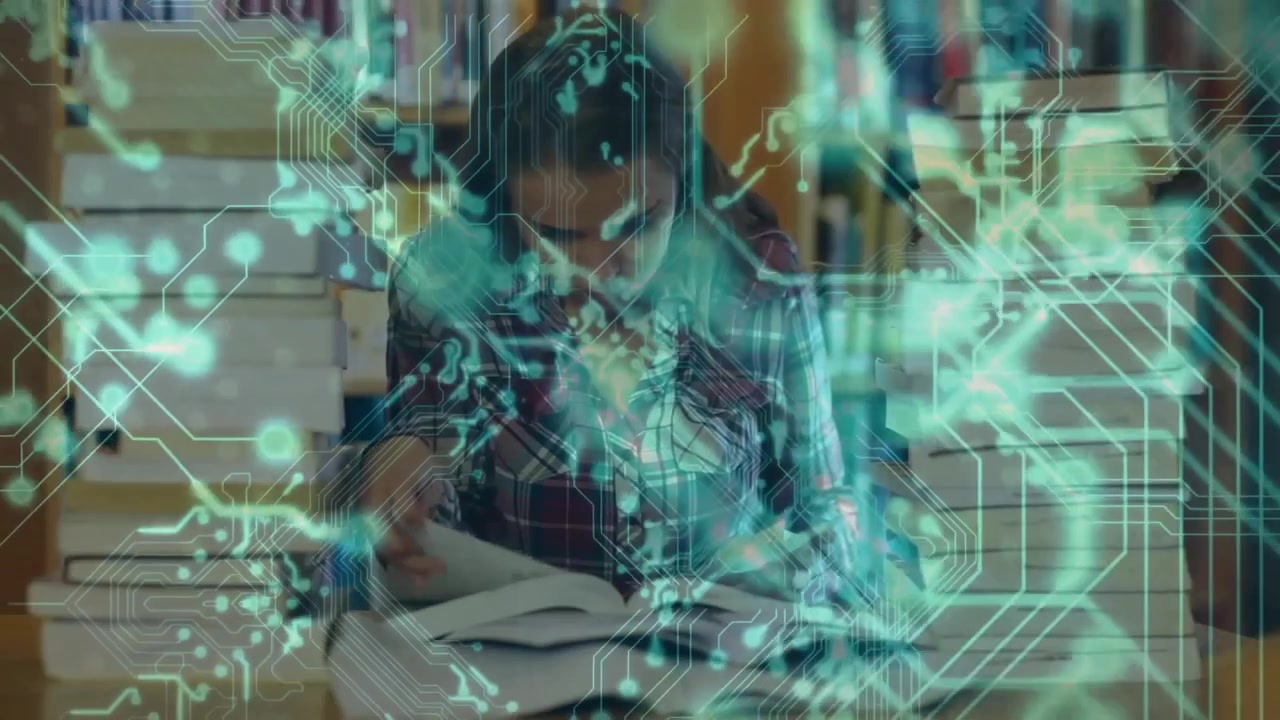 Woman opening book in library and scanning pages as green circuit overlay pulses during research