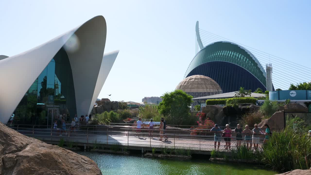 Outside the Oceanografic in Valencia's City of Arts and Sciences, visitors explore Europe's largest oceanographic park, home to over 500 species, including dolphins, belugas, and sharks.