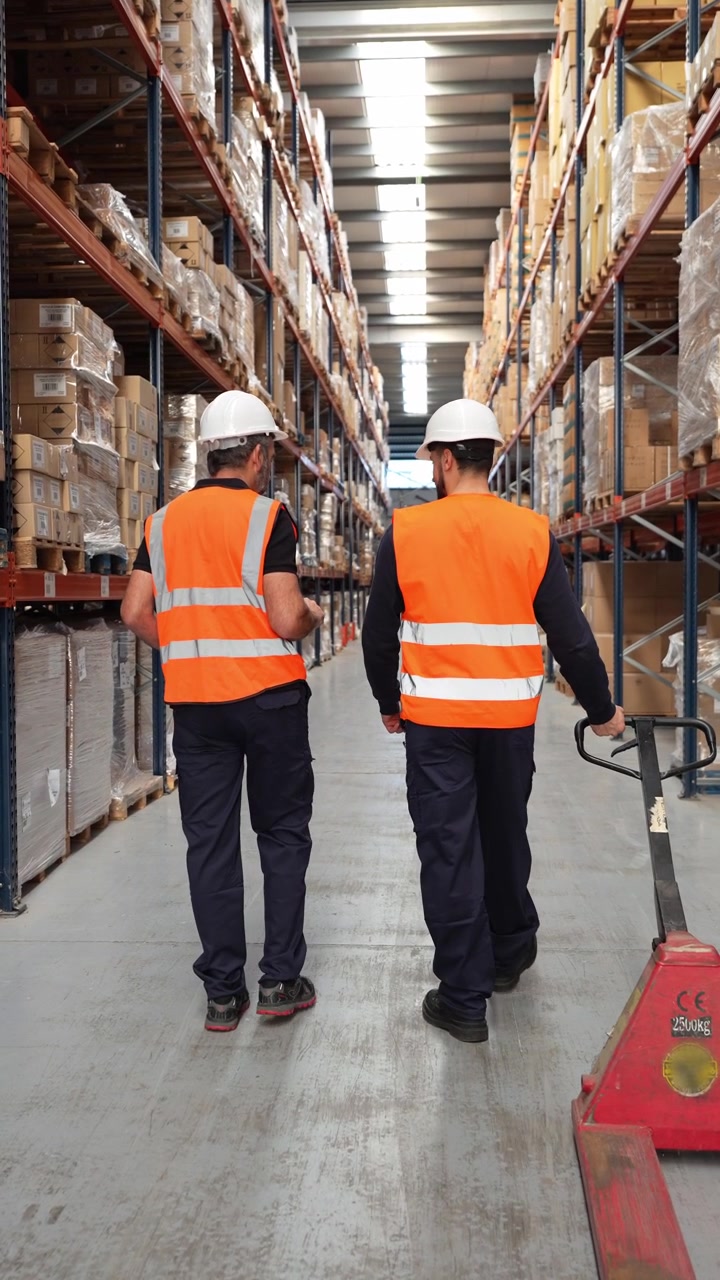 Lavoratori di magazzino che camminano e discutono di logistica in un centro di distribuzione