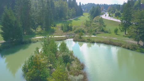 aerial over lake with small island covered in trees in slovenia