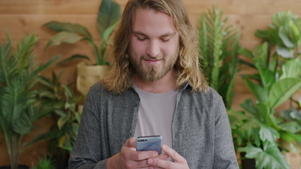 ritratto di un giovane che usa lo smartphone, invia messaggi, naviga online, gode della comunicazione mobile, sorride, è felice, in slow motion