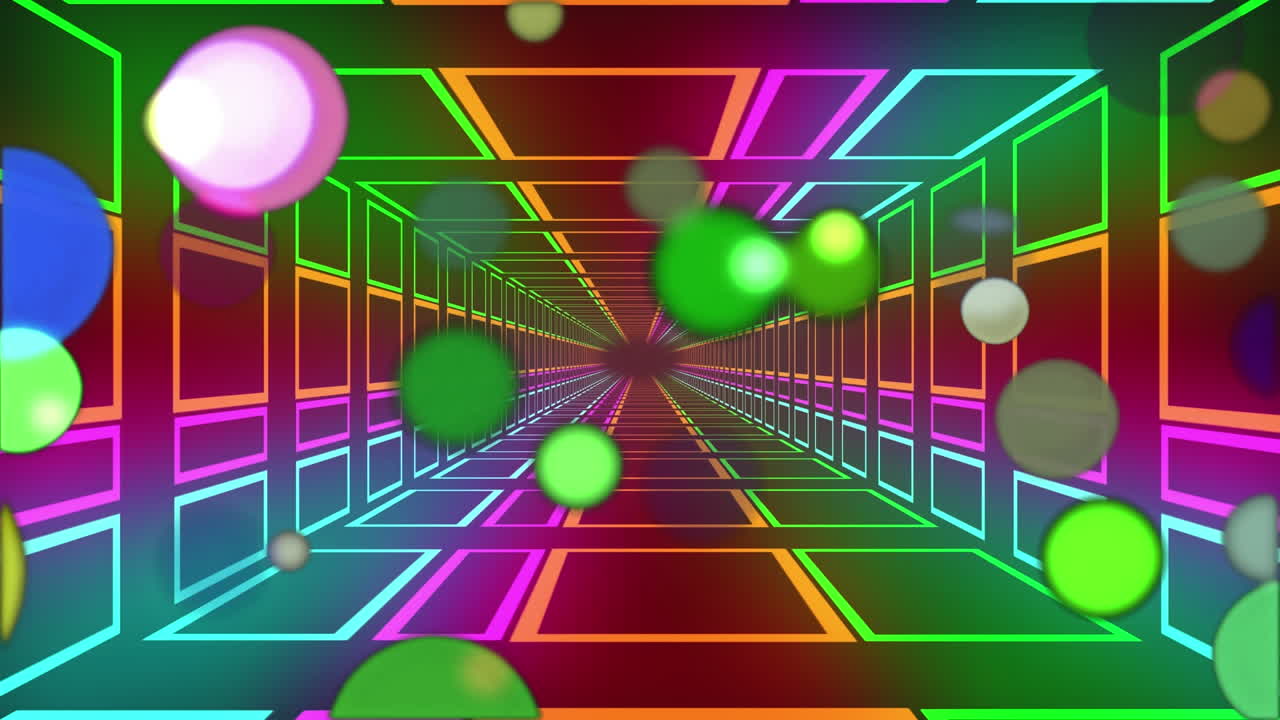 다채로운 네온 스과 검은 바탕에 디지털 터널의 애니메이션