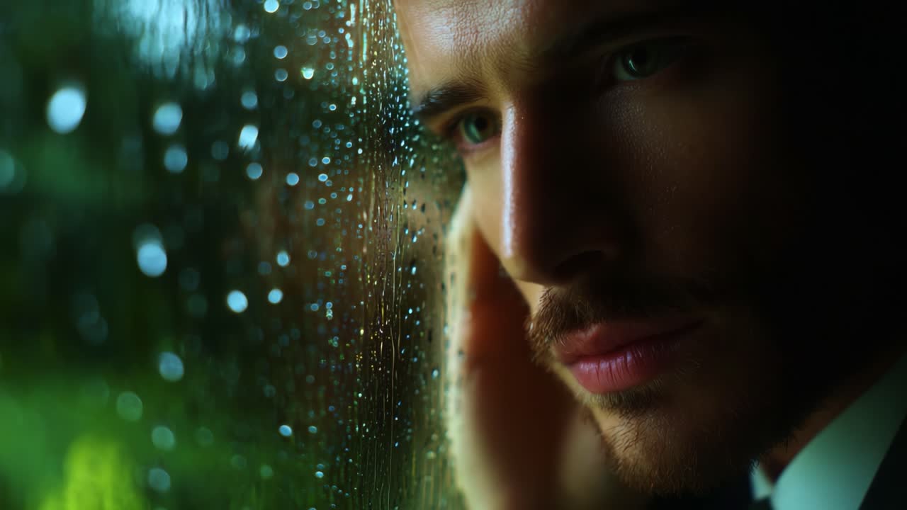 A Contemplative Man Gazes Out Through Raindrops on a Window, Deep in Thought, Emphasizing Emotion and Reflection in a Softly Lit Environment, Capturing the Essence of Loneliness and Desire