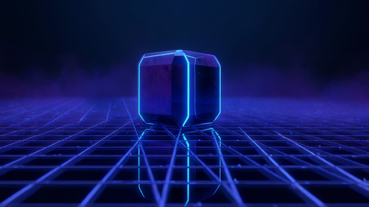Starting slow clockwise rotation, neon cube intensifying glow on lit grid floor, with purple haze