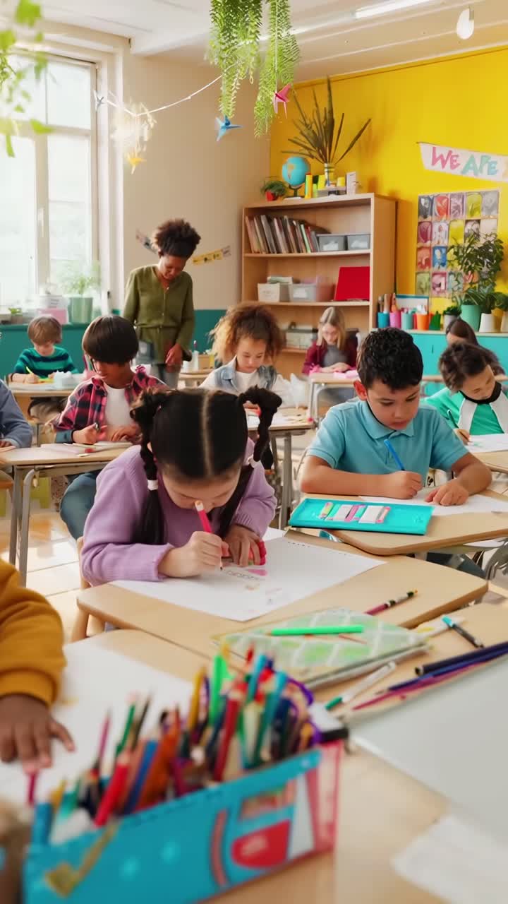 Vídeo de niños dibujando en una clase llena de color, captado desde un ángulo de visión alto
