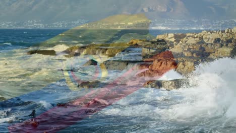 composición digital de ondear la bandera de ecuador contra las olas del mar que golpean las rocas
