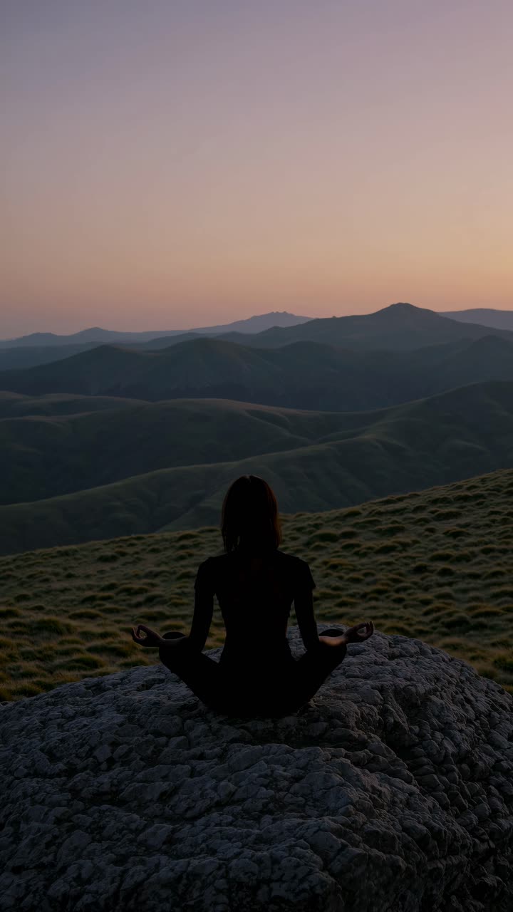 A serene landscape video concept with a person meditating on a rock at sunset