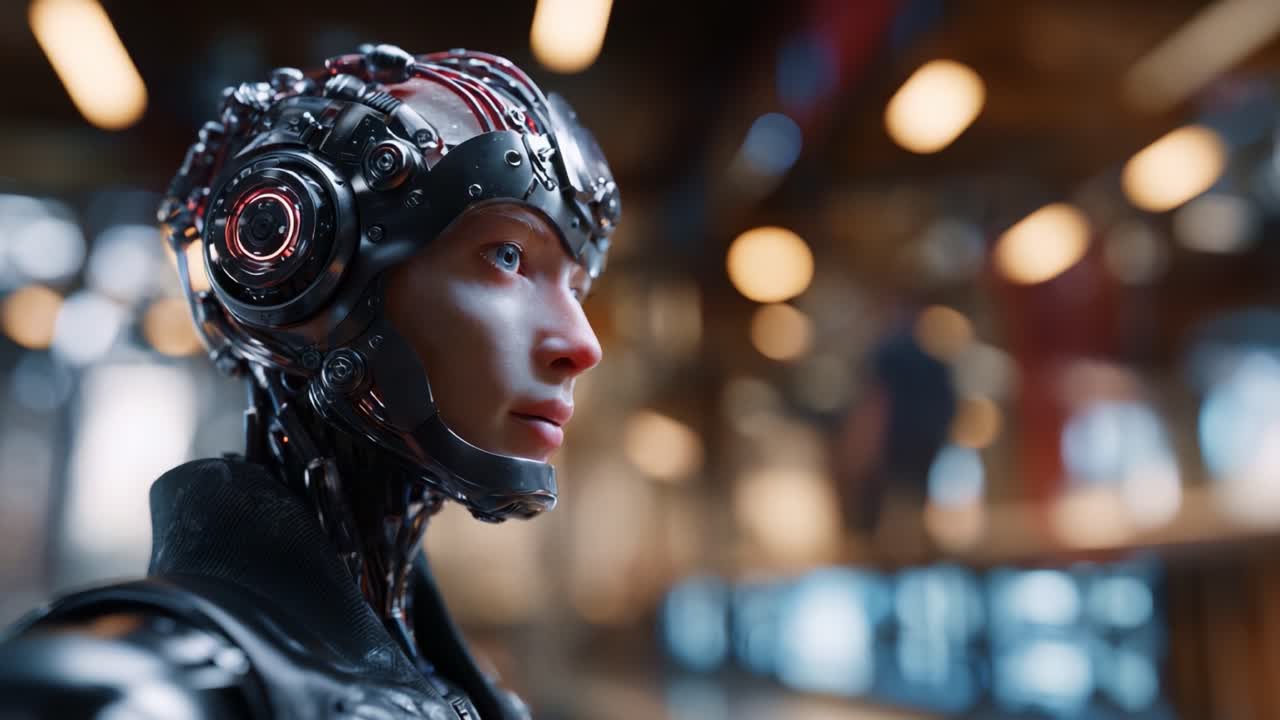 Primo piano di un robot futuristico: uno sguardo mozzafiato a un cyborg con tecnologia avanzata, dettagli intricati e caratteristiche realistiche in un ambiente coinvolgente