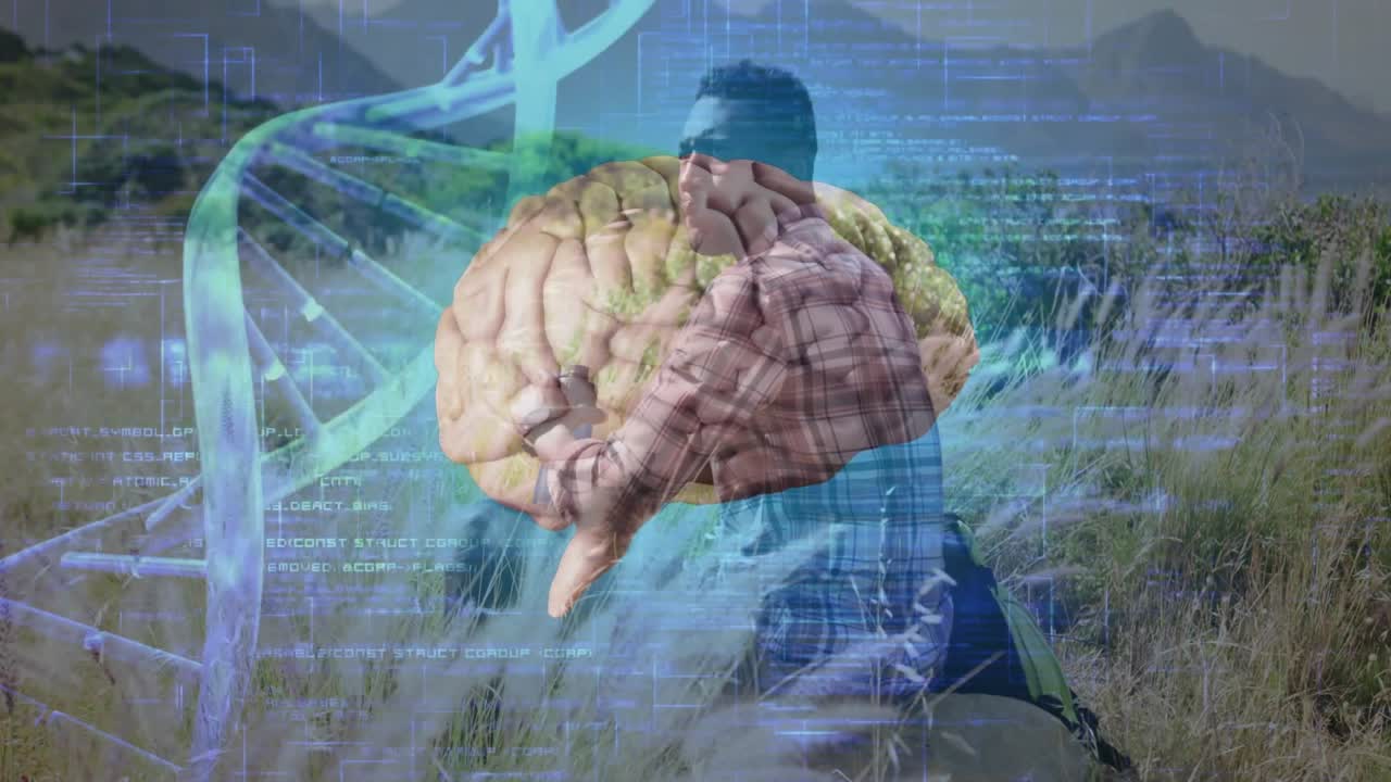 Hombre levantando binoculares en un prado, activando una hélice de ADN giratoria y un icono de cerebro para una visión de la salud.