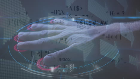 animation of data processing with arrows over man touching biometric screen