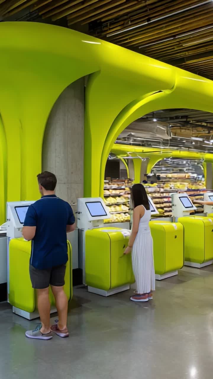 Modern Self-Service Checkout Station Featuring Vibrant Green Design and Customers Engaging with Digital Interfaces in a Retail Environment