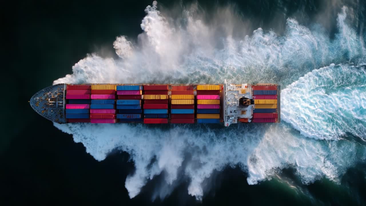 A High-Altitude View of a Container Ship Navigating Through Turbulent Waters, Showcasing the Vibrant Colors of Its Cargo and the Dynamic Wake It Leaves Behind