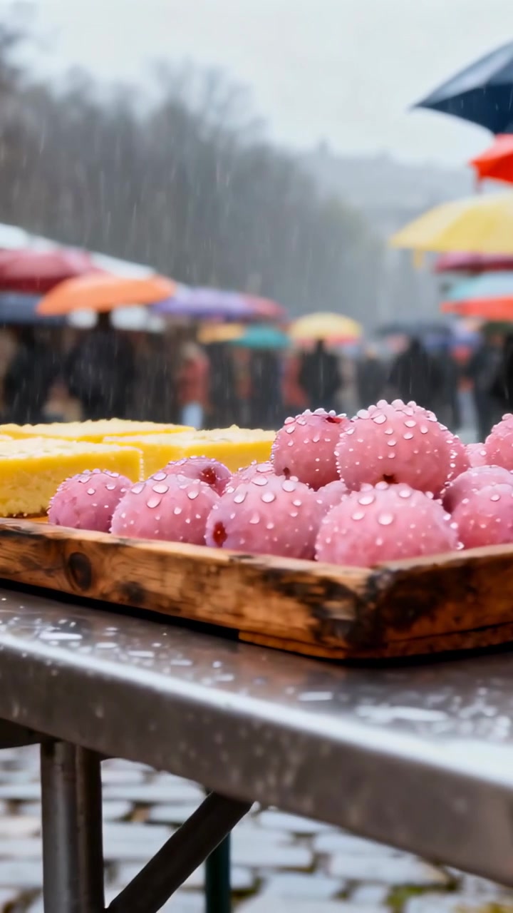 Video verticale: Telecamera in movimento che mostra un vassoio con dolci rosa su un tavolo al mercato per mostrare le gocce di pioggia.