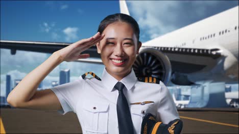 close up of asian woman pilot is respectful, saluting while standing in airfield with airplane on background