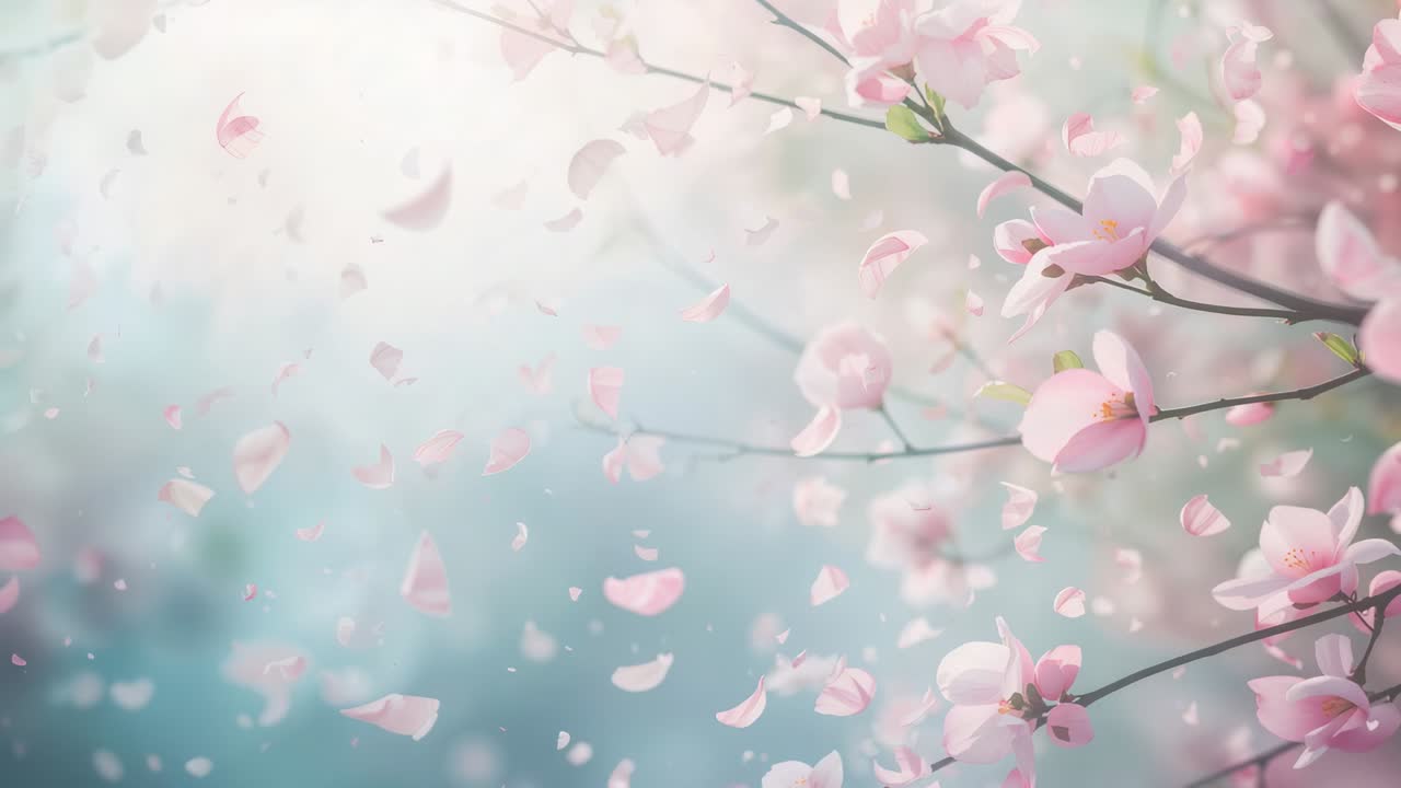 Stirring breeze, pink blossom cluster on branch releasing petals in garden, copy space
