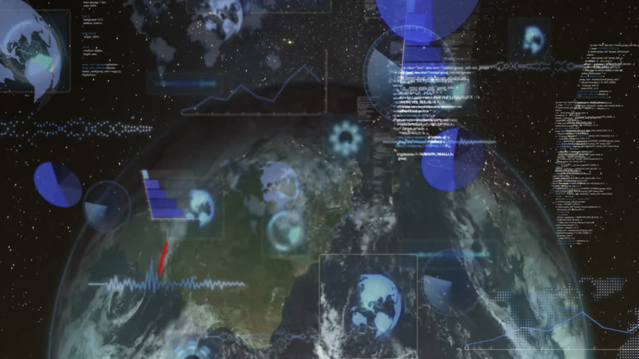 Digital data charts and graphs animation over view of Earth from space