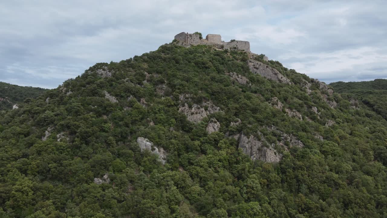 Remote aerial view of the Termes castle in France. Part of the Cathars castles group.